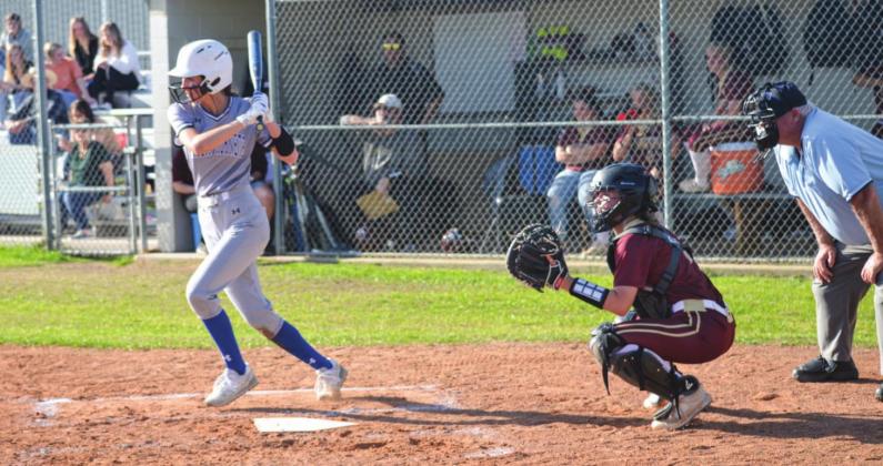 Hardin’s Maddy Fregia attempts to get down the bunt against Tarkington on Friday night. The Vindicator | Jerry Michalsky Article Image Alt Text