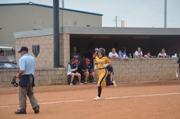Liberty's Kylee Bishop is in her home run trot after her second home run of the game on Tuesday afternoon at Hardin-Jefferson. The Vindicator | Jerry Michalsky Article Image Alt Text
