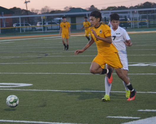 Marcos Gerardo of Liberty outraces the LC-M player on Friday night in playoff action. The Vindicator | Jerry Michalsky Article Image Alt Text