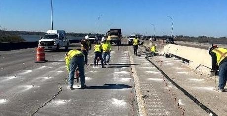 Crews work on road repairs along Interstate 10 at the Trinity River and Old & Lost River bridges last week. Contributed Photo Article Image Alt Text