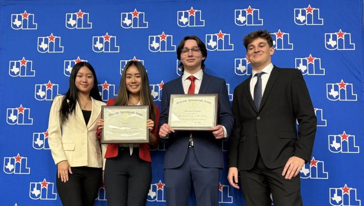 Anahuac High School students Tina and Tammy Ly and East Chambers High School students Jonathan Carter and Dax Henley show their debate skills at the 3A UIL Cross-Examination Debate competition. Article Image Alt Text