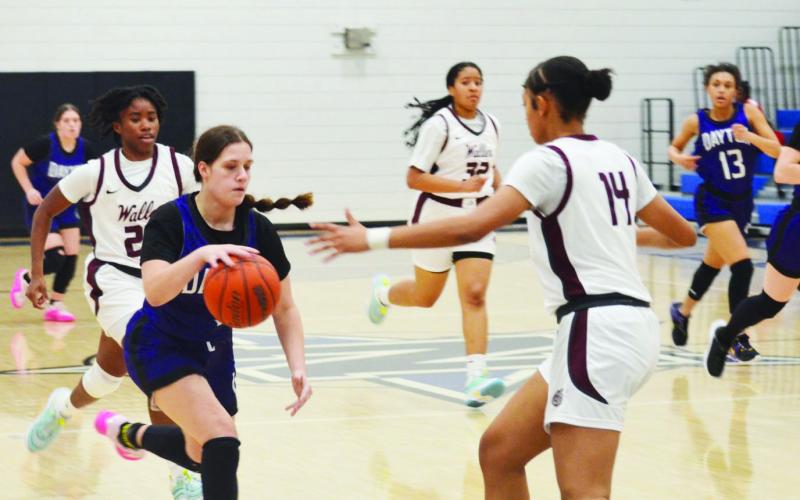 Gracie Mitchell of Dayton heading downcourt against Waller on Friday afternoon at the Navasota Tournament. The Vindicator | Jerry Michalsky